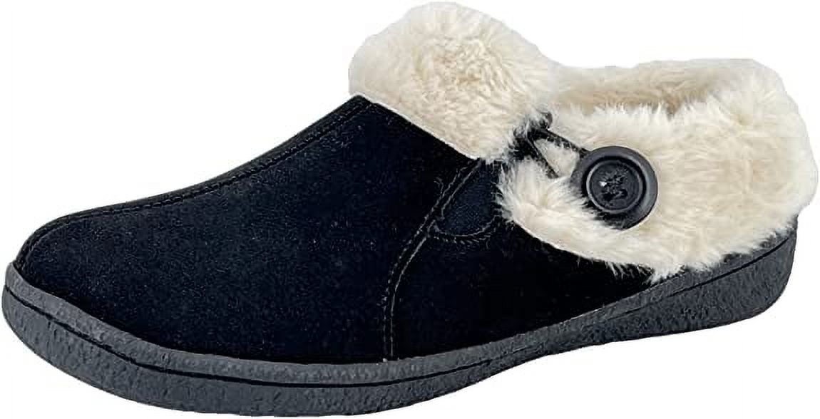 Womens Suede Leather Slipper with Gore and Bungee JMH2213 - Warm Plush Faux Fur Lining - Indoor Outdoor House Slippers For Women (Black Premium Suede, 6)